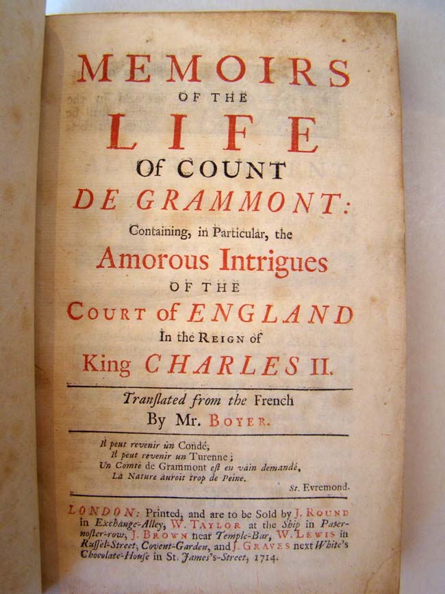 "Memoirs of the Life of Count De Grammont" and the Court of King Charles II printed in 1714